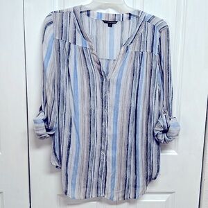 Zac & Rachel Multi Color Striped Roil Tap Sleeve V Neck Top Size 1X